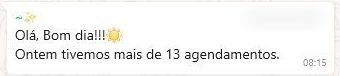 Mensagem de WhatsApp de uma cliente: ontem tivemos mais de 13 agendamentos
