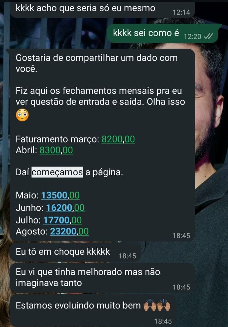 Conversa de WhatsApp em que o cliente mostra o faturamento subindo de R$ 8.200 em março para R$ 23.200 em agosto