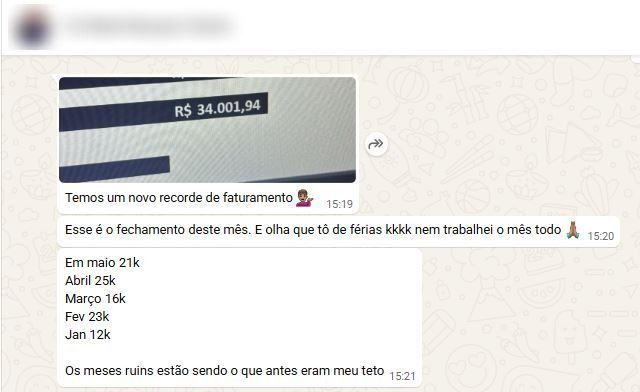 Conversa de WhatsApp em que o cliente comemora o recorde de R$ 34.001,94 de faturamento no mês